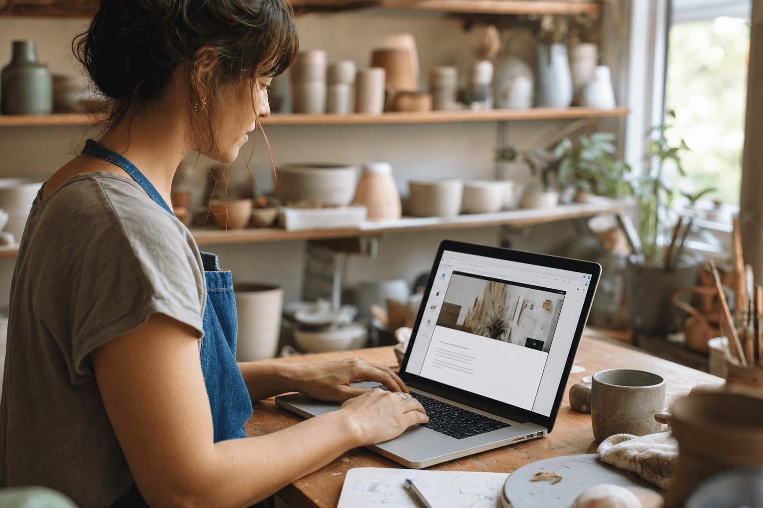 A pottery studio owner describing her business into a laptop as her new website assembles on screen