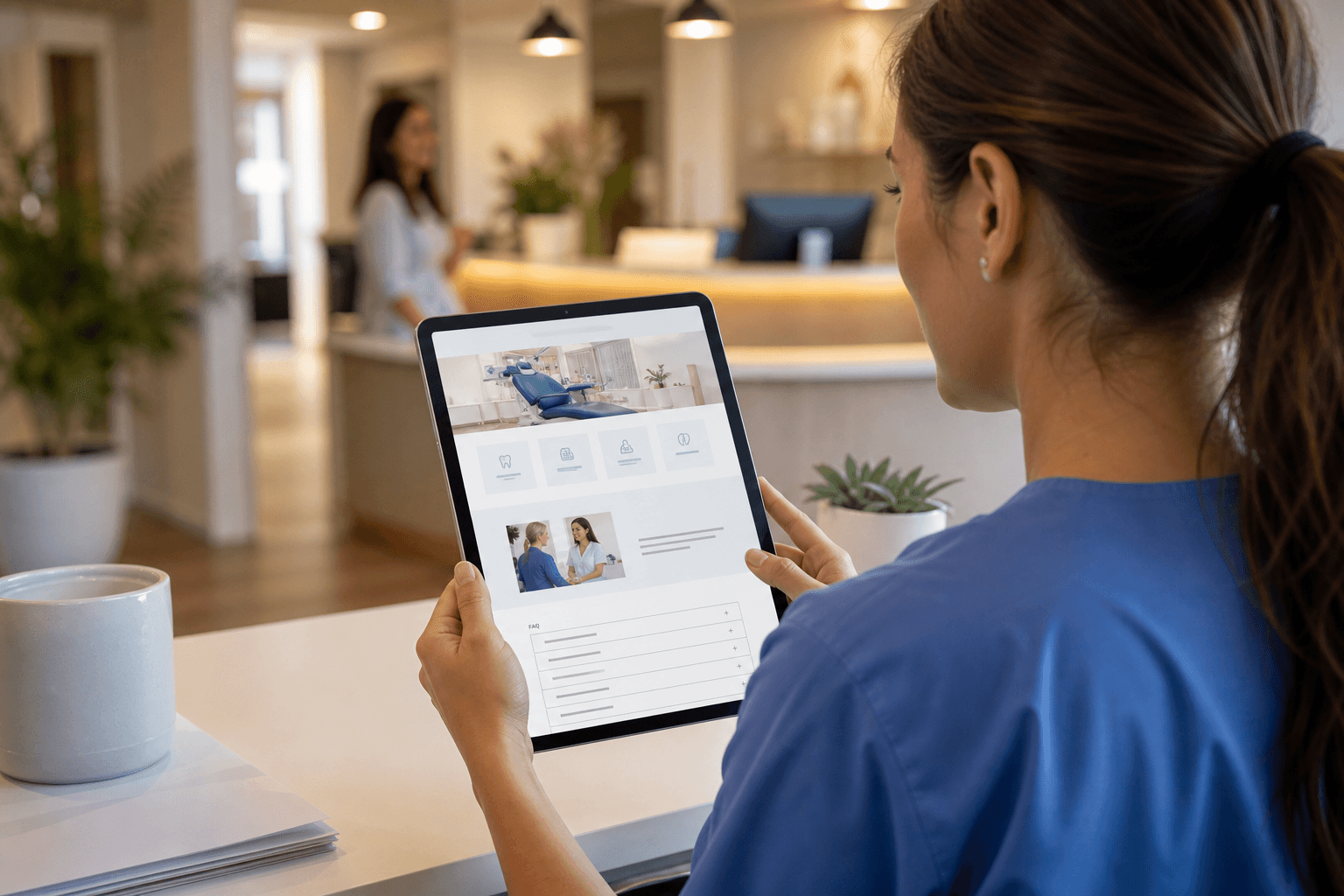 A dentist reviewing her practice's structured website with an FAQ section on a tablet