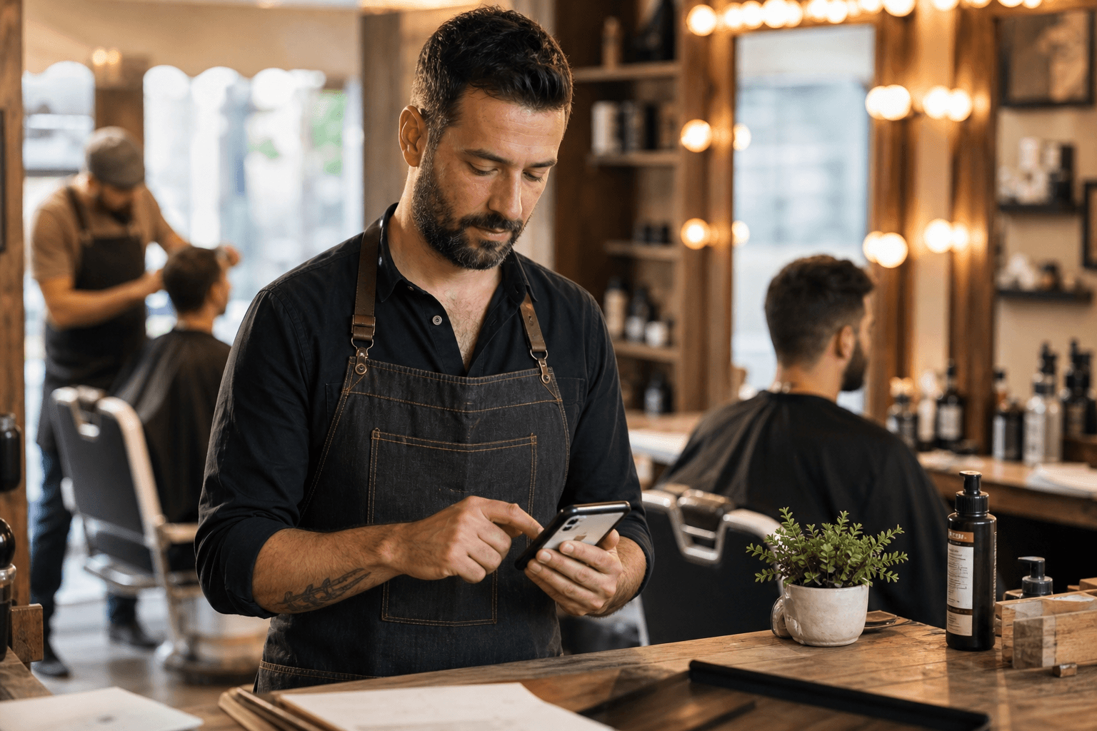 A barber updating his shop's website from his phone between clients
