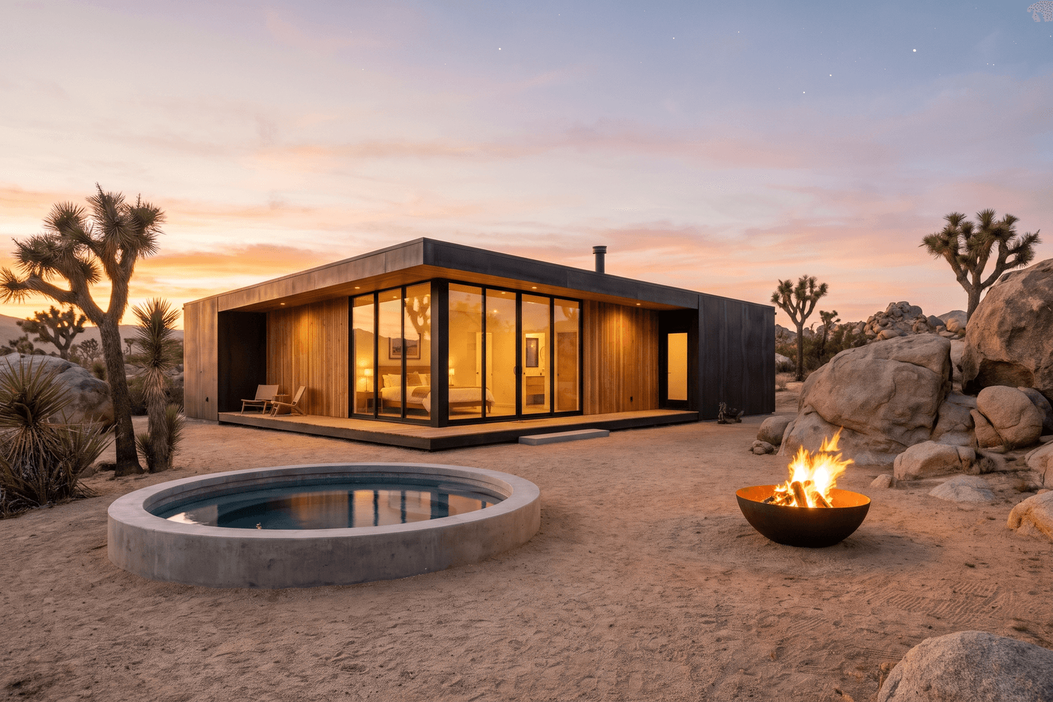 Boutique modern desert vacation rental at dusk with floor-to-ceiling glass glowing warm from inside, a round concrete plunge pool and a lit fire bowl on a gravel patio, surrounded by Joshua trees and granite boulders under a pastel sky