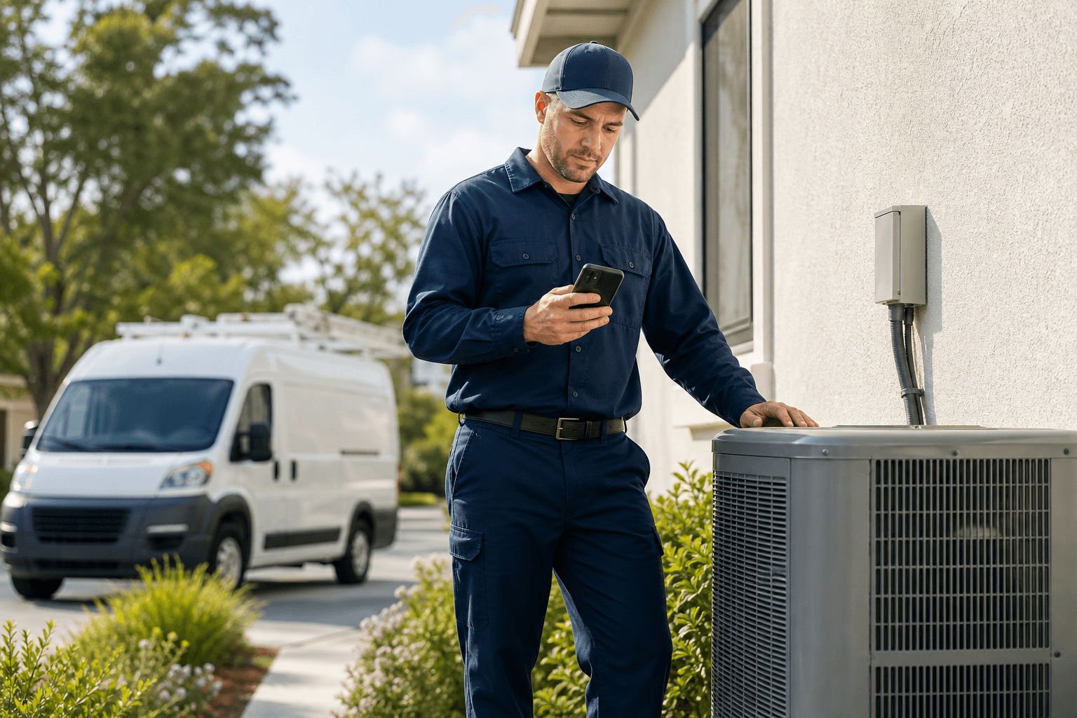 An HVAC technician checking his phone next to an outdoor condenser unit, service van in the background