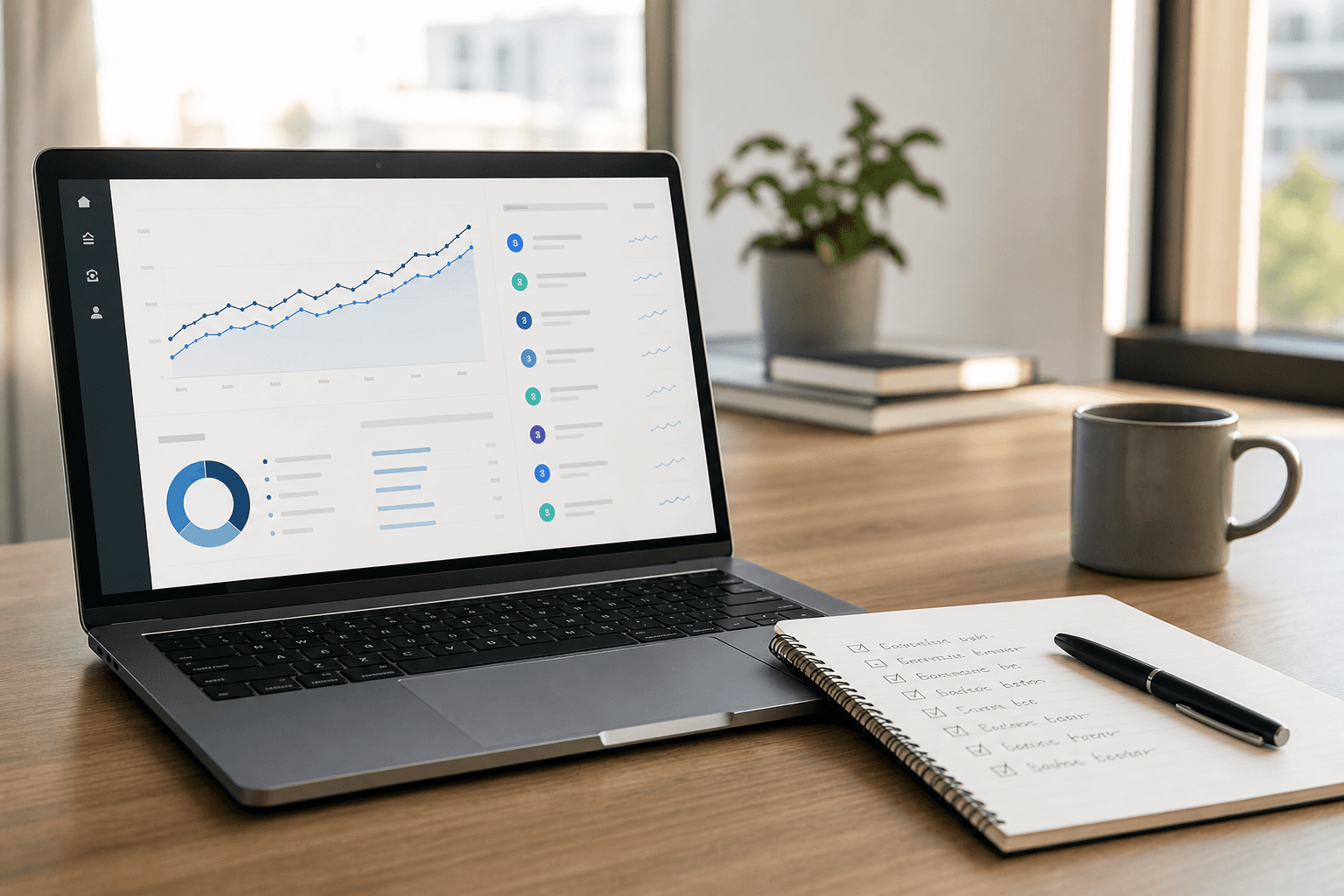 A laptop showing an analytics dashboard with an upward trend beside a notebook with a handwritten checklist