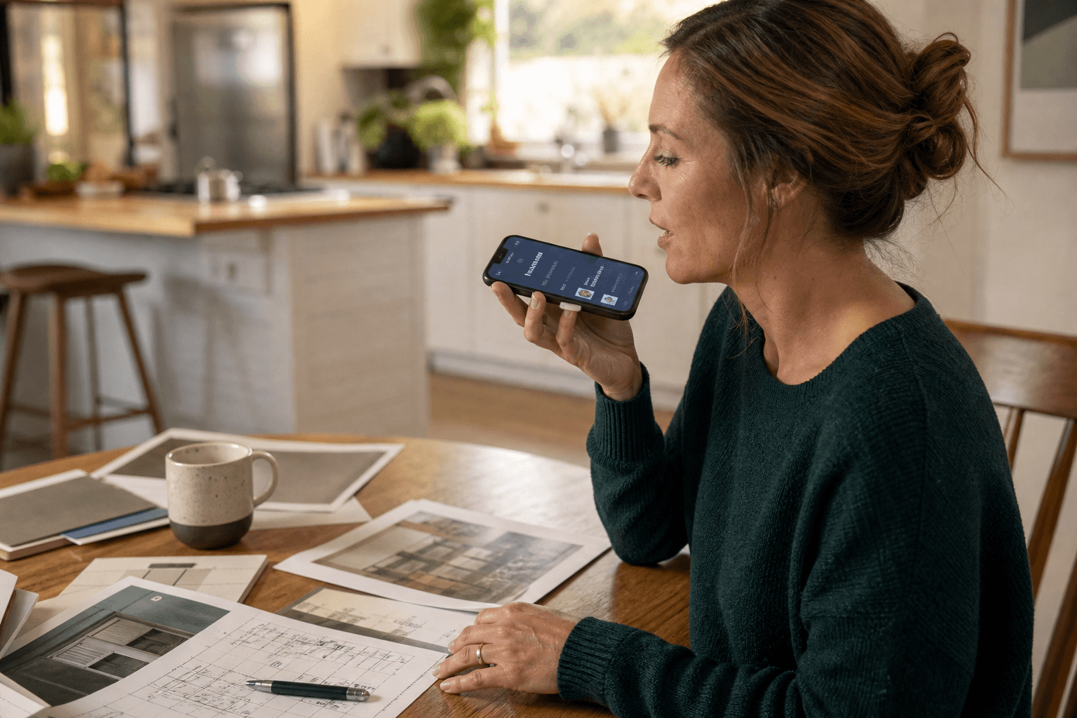 A homeowner at her kitchen table asking her phone's AI assistant which local contractor to call, with renovation paperwork spread across the table