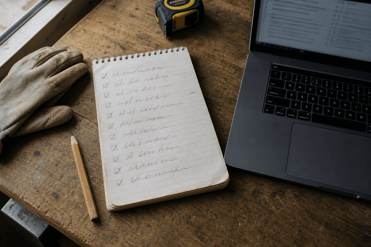 A painting contractor reviewing a job checklist and color notes on a notebook
