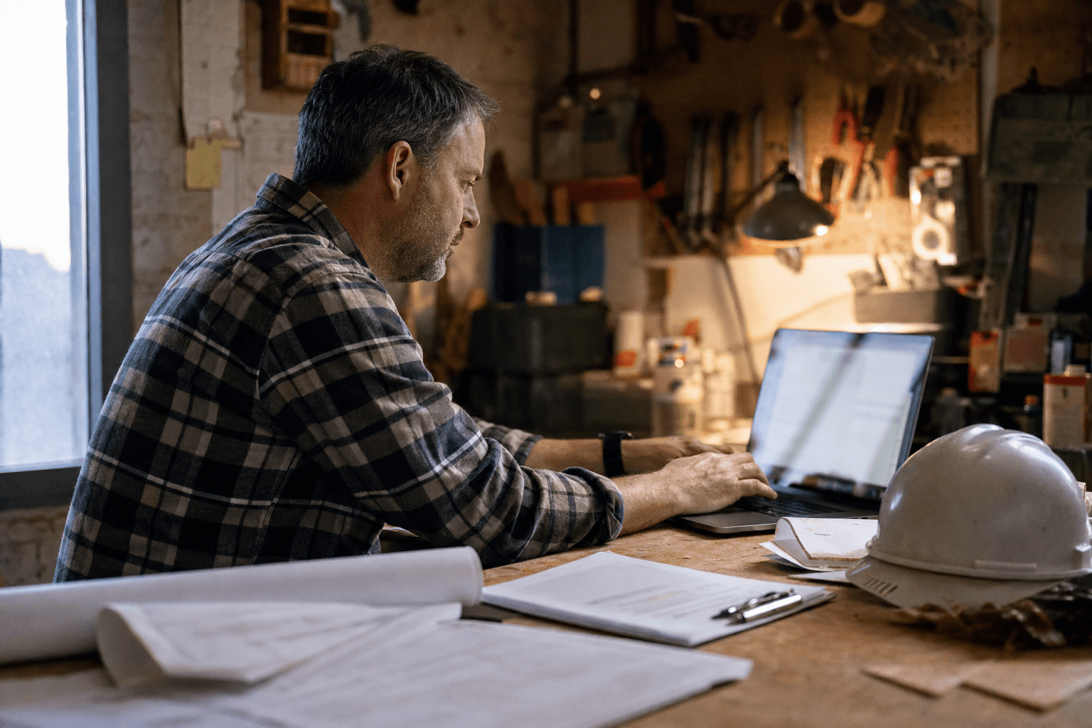 A contractor at a desk comparing an SEO suite and an AI visibility tool on two screens
