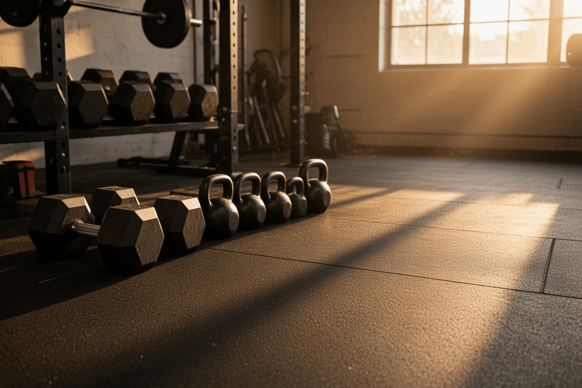 A gym floor with racks, benches, and cardio machines under bright lights, seen early in the morning before the rush