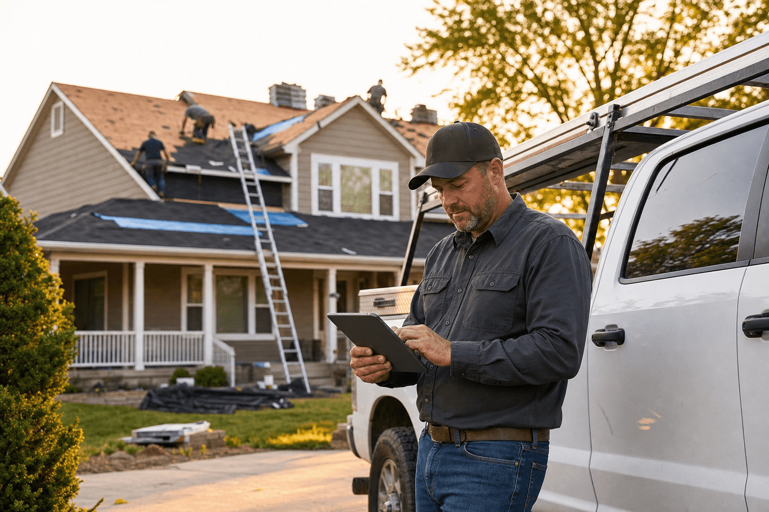 A roofing contractor standing by his truck reviewing a tablet, with a re-roofing job in progress on the house behind him