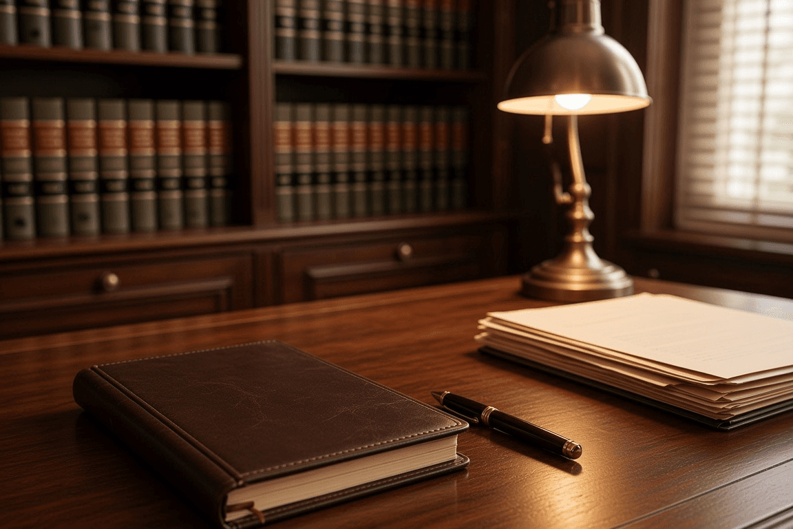 An attorney's desk with case files, a legal pad, and a laptop open in a quiet law office