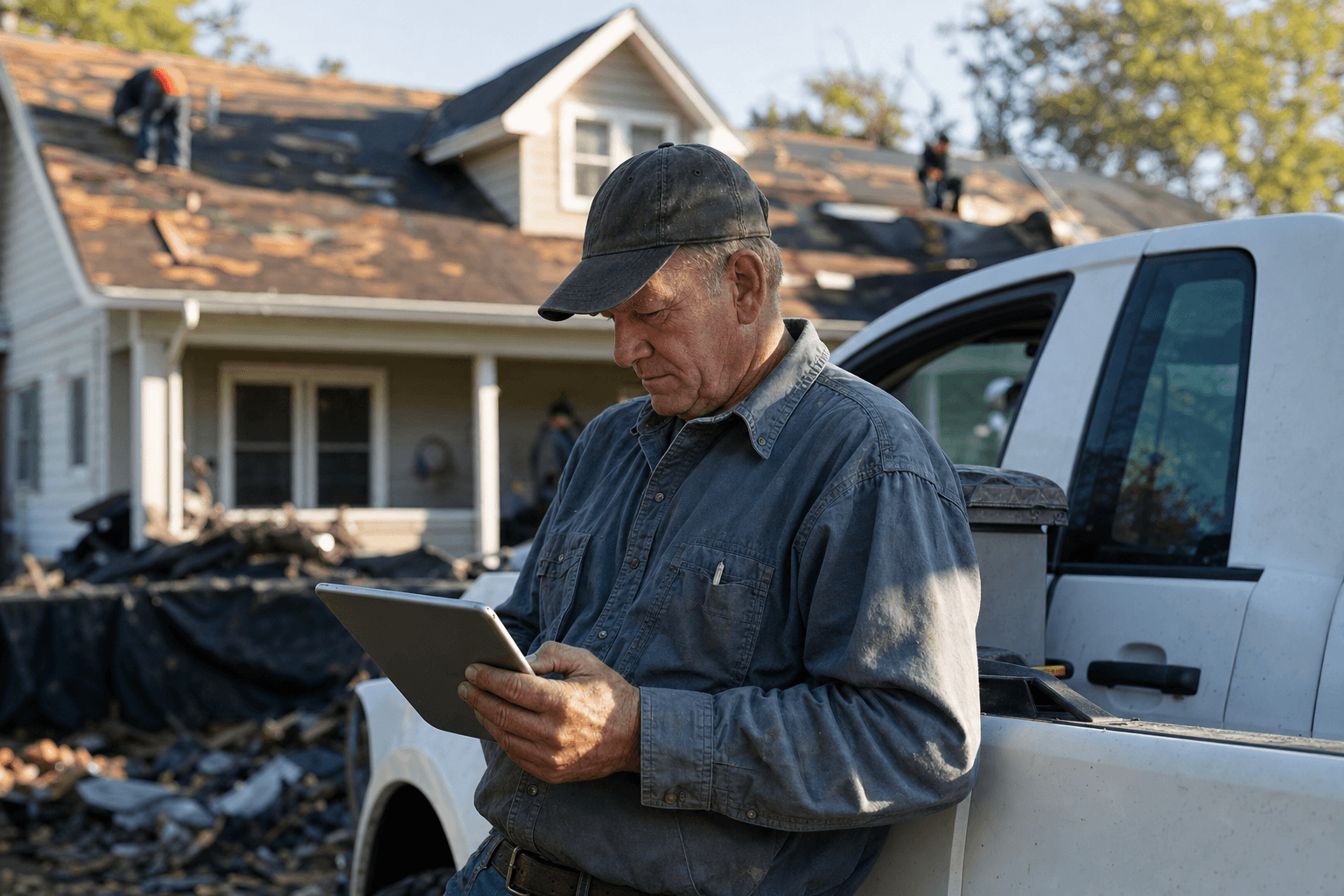A roofing contractor leaning on his truck reviewing a tablet, with a re-roofing job in progress on the house behind him