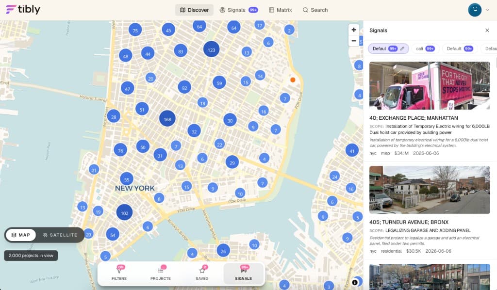 Tibly discover map on desktop showing live New York City building permits with the signals digest panel open