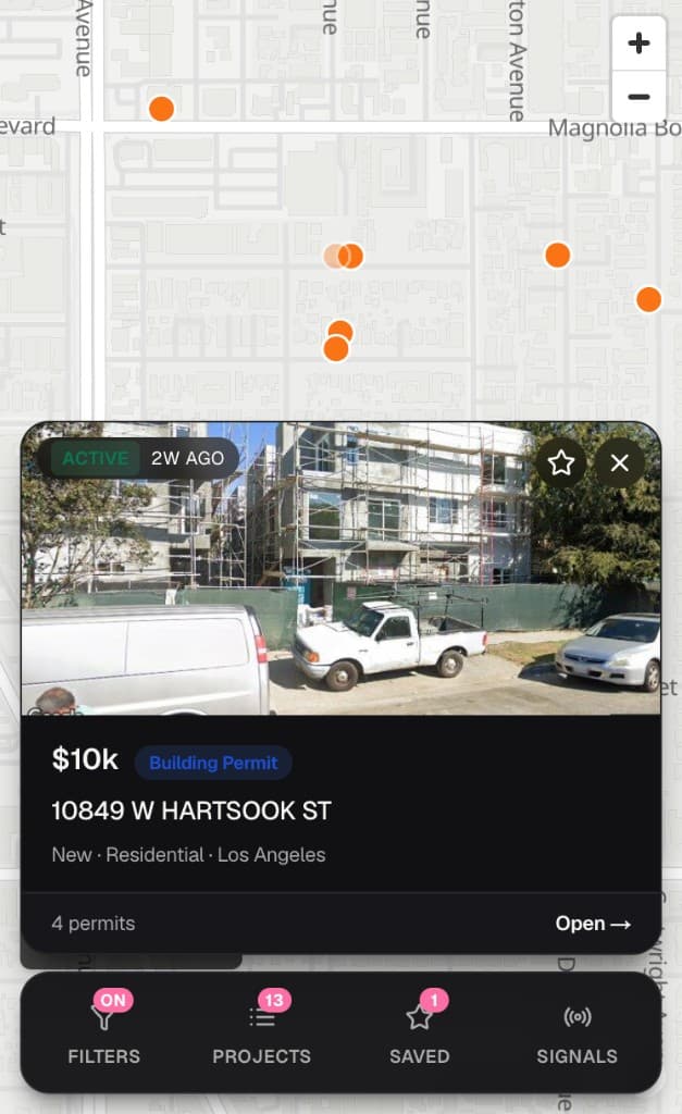 Tibly discover map with an active building permit project card, filters, and saved projects on mobile